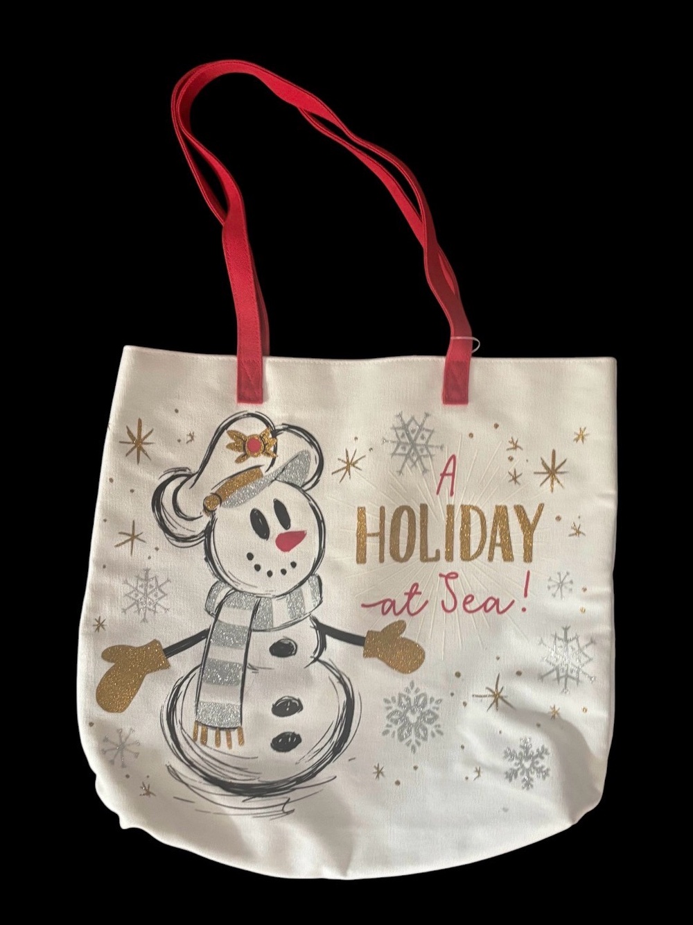 Disney White Holiday at Sea Snowman Tote with Red Handles and Gold Accents